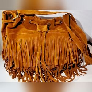 Fringed Tan Faux Suede Shoulder Bag